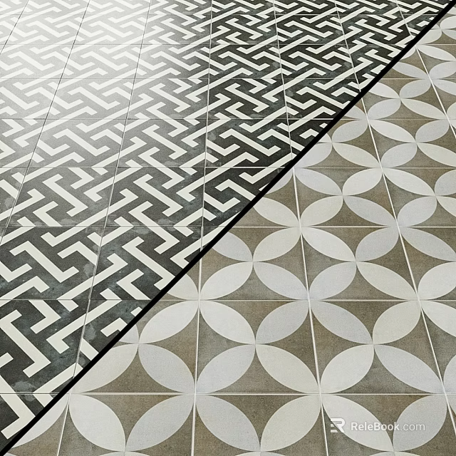 Black White Geometric Maze And Beige Brown Floral Design Floor Tiles With Dividing Line 3d model 
