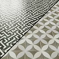Black White Geometric Maze And Beige Brown Floral Design Floor Tiles With Dividing Line