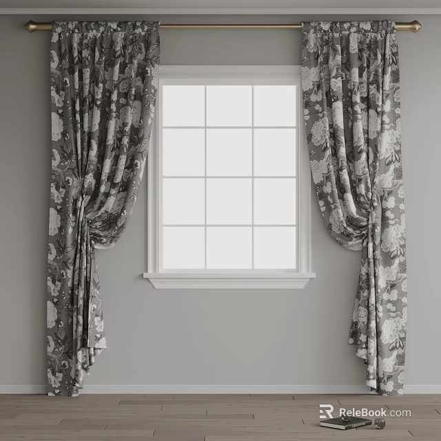 Elegant Floral Pattern Curtains Hanging By White Window In Gray Room 3d model 