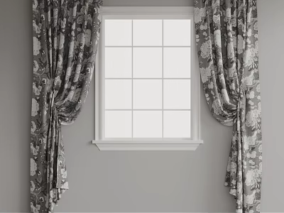 Elegant Floral Pattern Curtains Hanging By White Window In Gray Room 3d model