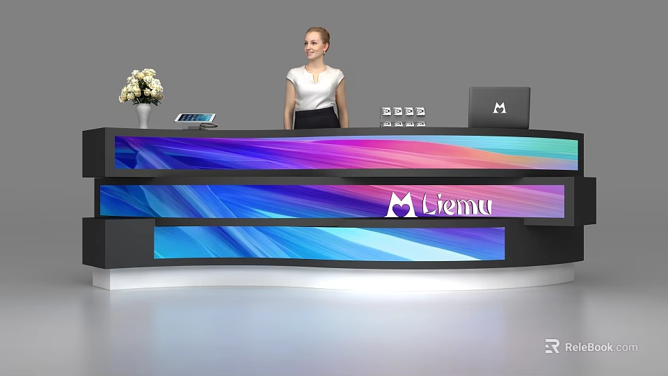 Modern Reception Desk With Blue Purple Gradient Surface Liemu Logo Vase And Tablet 3d model