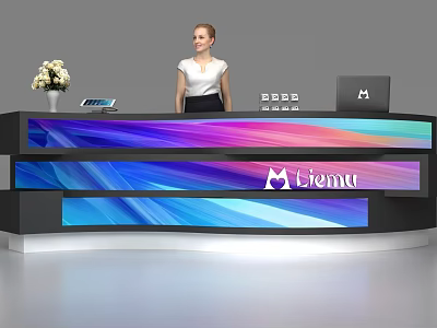 Modern Reception Desk With Blue Purple Gradient Surface Liemu Logo Vase And Tablet 3d model