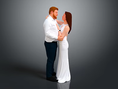 Couple Embracing In White Shirt Dark Pants And Long Dress 3d model