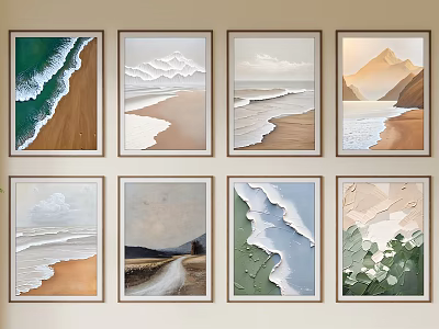 Abstract Paintings With Natural Landscapes Ocean Waves Beach Mountains And Road Framed Wall Decor 3d model