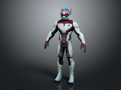 Modern Tech Inspired Superhero Character In White Red Black Armor With Blue Accent Helmet 3d model
