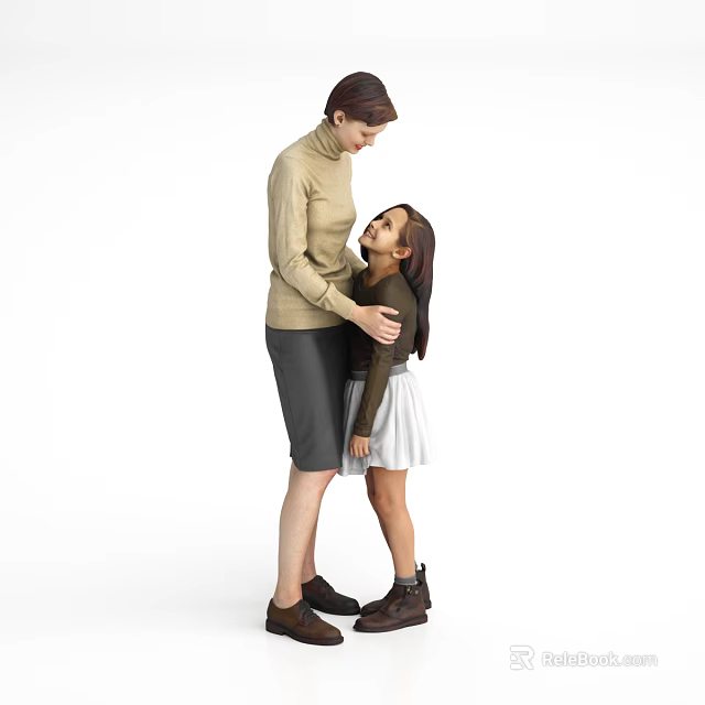 Woman In Beige Turtleneck Hugging Little Girl With White Skirt Standing Together 3d model 
