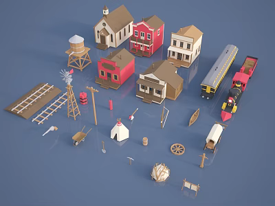 Cartoon Scenic Display Featuring Small Houses Water Tower Windmill Train Wheelbarrow And Bench 3d model