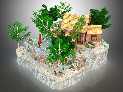 Rustic Wooden House with Yellow Roof Surrounded by Green Trees and Natural Pathway 3d model
