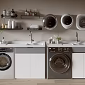 Modern Laundry Room With Double Washers Sink And Wall Storage Shelves 3d model