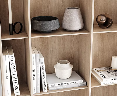 Modern Minimalist Decorative Ornament Set With Vases Bowl Candle And Books On Wooden Shelf 3d model