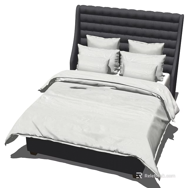 Stylish Modern Double Bed With Dark Upholstered Headboard And White Bedding Pillows 3d model 