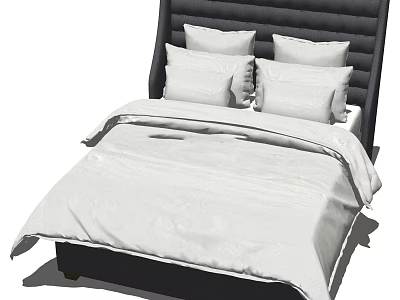 Stylish Modern Double Bed With Dark Upholstered Headboard And White Bedding Pillows 3d model