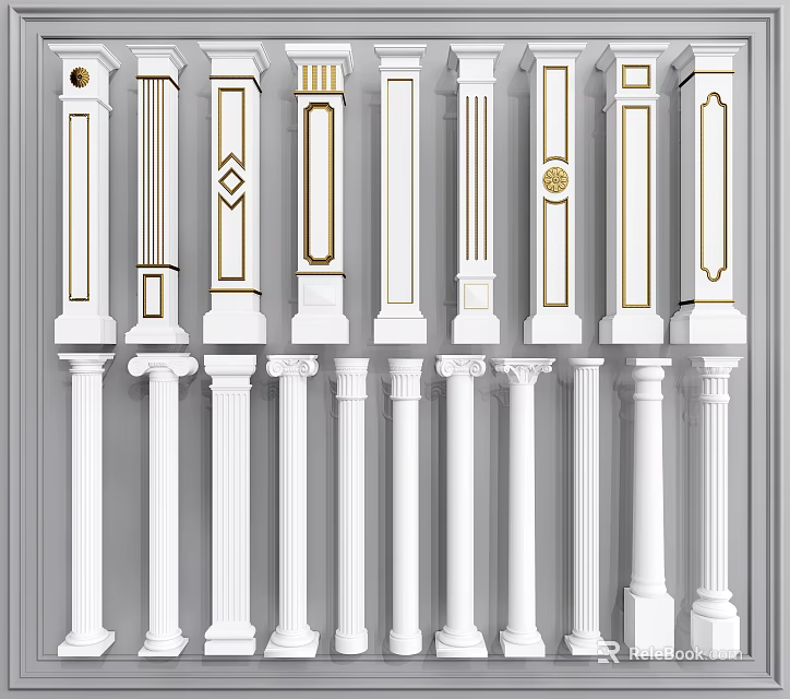 White Roman Columns In Various Styles With Ornate Gold Decorative Accents 3d model 