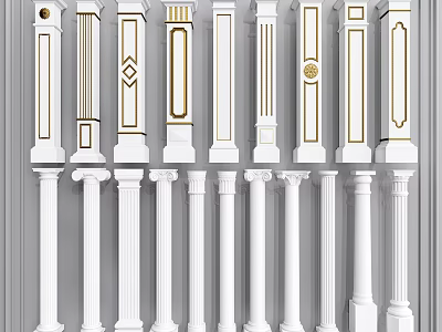 White Roman Columns In Various Styles With Ornate Gold Decorative Accents 3d model
