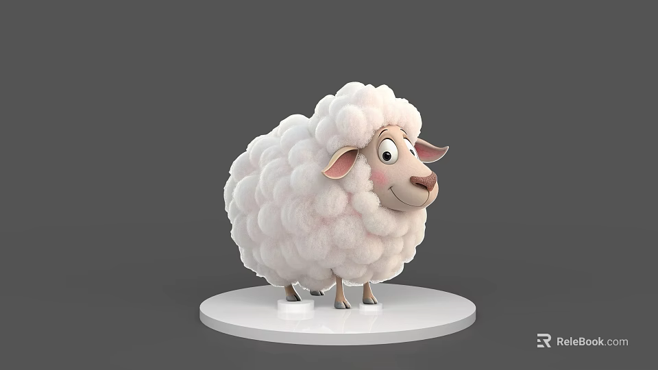 Cute Cartoon Sheep With Fluffy White Wool And Pink Ears On White Base 3d model 