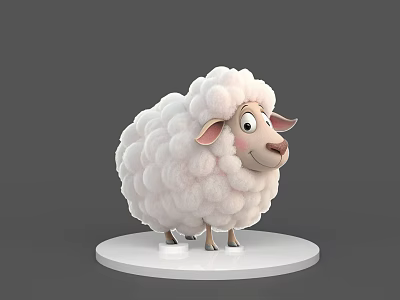 Cute Cartoon Sheep With Fluffy White Wool And Pink Ears On White Base 3d model