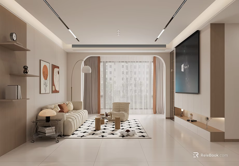 Modern Living Dining Room Interior With Sofa Coffee Table Rug TV Artwork And Floor Lamp 3d model 