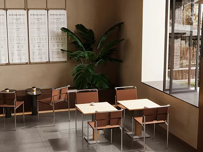 Café Interior with Menu Boards Large Plant Tables Chairs and Window 3d model