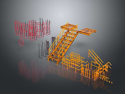 Yellow Construction Staircase With Red Metal Scaffolding Frames And Components 3d model