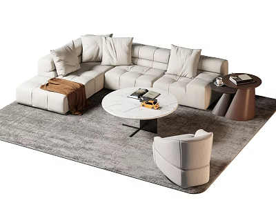 Modern White L Shaped Sofa With Round Coffee Table And Gray Rug 3d model