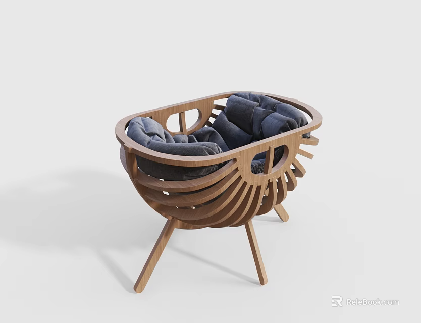 Modern Minimalist Baby Crib With Wooden Shell Shaped Frame And Deep Blue Upholstered Cushion 3d model 