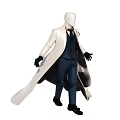 Male Model Wearing White Long Coat Blue Vest Blue Pants And Black Gloves