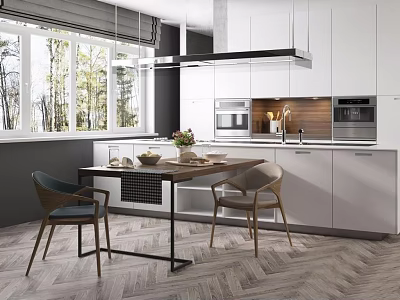 Modern Dining Table Set With Chairs In Kitchen Featuring White Cabinets And Wooden Top 3d model