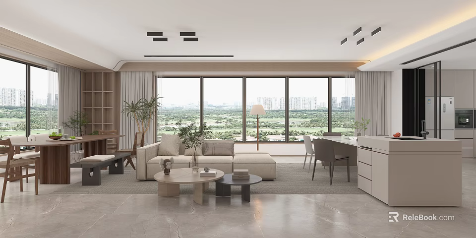 Modern Living and Dining Room Interior With Large Windows City View Sofa Dining Table Greenery 3d model