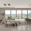 Modern Living and Dining Room Interior With Large Windows City View Sofa Dining Table Greenery 3d model