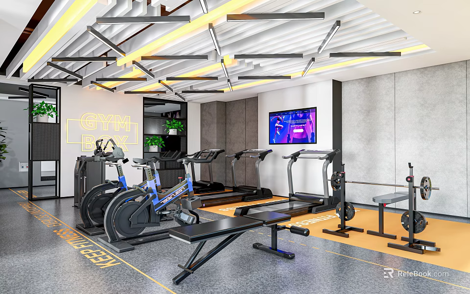 Modern Gym Interior With Fitness Equipment And TV 3d model 