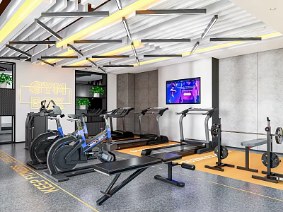 Modern Gym Interior With Fitness Equipment And TV 3d model