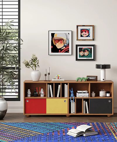 Modern Entryway Sideboard With Colorful Doors Vase Candles Books Toys And Wall Art 3d model