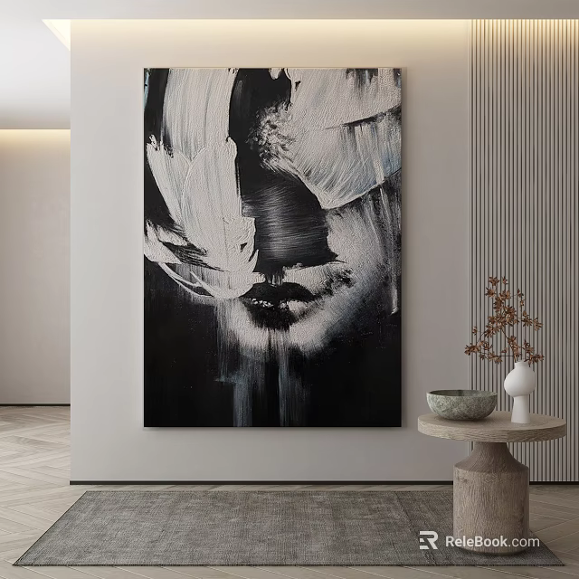 Abstract Painting With Black And White Face Outline Thick Brushstrokes In Modern Interior Wall Hanging 3d model 