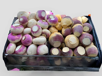 Fresh Purple and White Turnips Stacked in Black Crates at Market 3d model