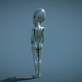 Silver Alien With Large Head Big Black Eyes Hands On Abdomen And Light Blue Background