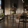 Modern Industrial Café Interior With Green Plants And Wooden Furniture