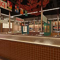 Vibrant Restaurant Interior With Colorful Hanging Signs Green Tile Counter And Wooden Seating