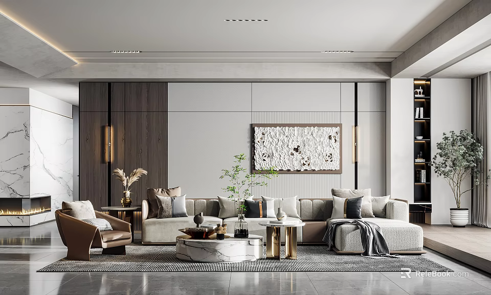 Elegant Modern Living Room Interior Design With Sofa Coffee Tables Decorative Painting And Green Plant 3d model 