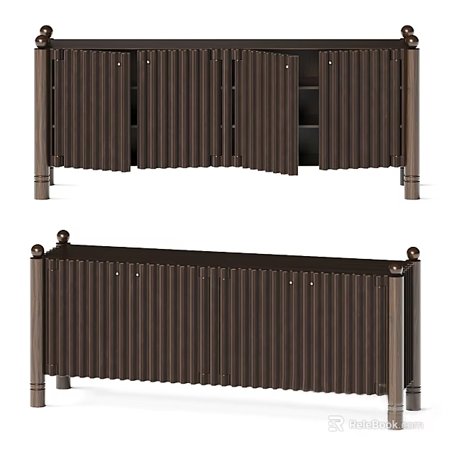 Brown TV Stand With Vertical Striped Doors And Sturdy Wooden Legs Design 3d model 