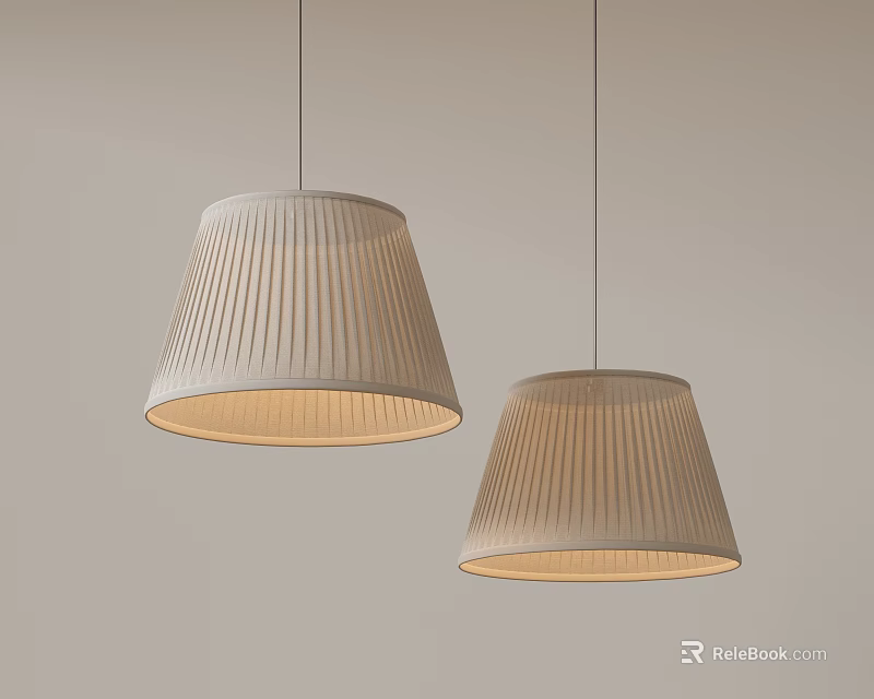 Two Modern Pleated Fabric Pendant Lights With Warm Glow On Gray Wall 3d model 