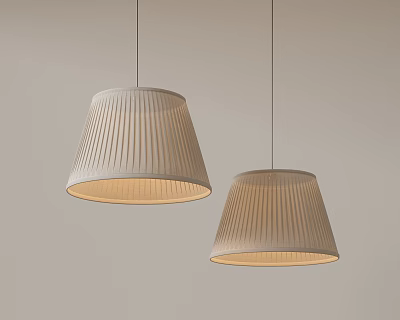 Two Modern Pleated Fabric Pendant Lights With Warm Glow On Gray Wall 3d model