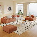 Modern Interior Design Orange Beige Sofa Coffee Table Set With Cushions Plants And Floor Lamp