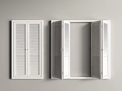 White Window Shutters Closed and Open Mounted on Gray Wall for Home Interior 3d model