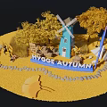 Hygge Autumn Themed Photo Spot With Blue Windmill Yellow Trees Small House And Arch