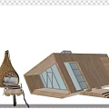 Modern Wooden House Exterior With Large Glass Windows Stone Steps And Wicker Furniture