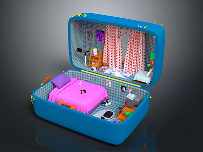 Cartoon Scene Inside Blue Suitcase with Pink Bed Purple Pillow Striped Curtains Furniture and Toys 3d model