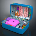 Cartoon Scene Inside Blue Suitcase with Pink Bed Purple Pillow Striped Curtains Furniture and Toys