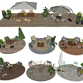 Outdoor Table And Chair Sets In Garden Patio With Umbrellas And Green Plants