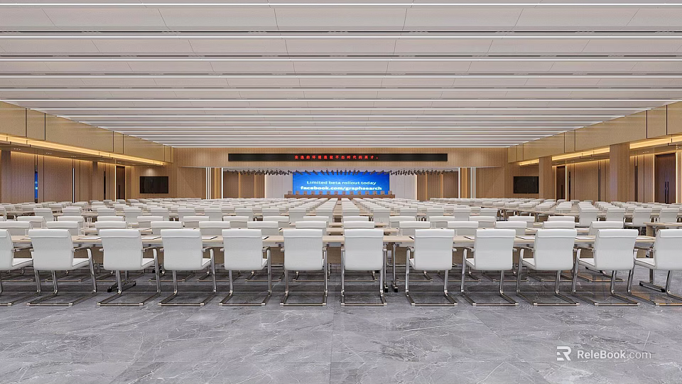 Large Modern Conference Room With Neatly Arranged White Seats And Front Screen 3d model 
