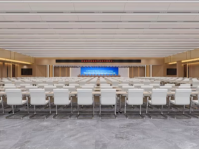 Large Modern Conference Room With Neatly Arranged White Seats And Front Screen 3d model